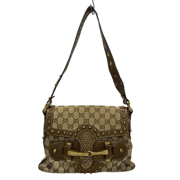 GUCCI GG/Shelly/Horsebit  Beige Dark Brown Jacquard Leather 766-072325 - Picture 1 of 14